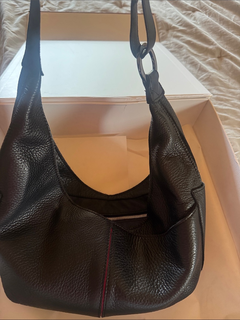 Hammitt Black Pebbled Leather Hobo with Red Stitch Accent